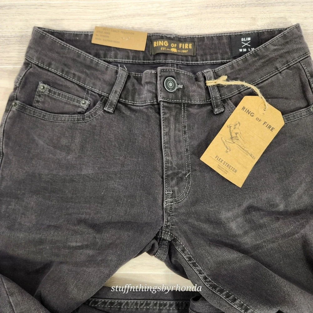 NWT Ring Of Fire Mens Jeans Size 30x30 Black Slim Fit Edge Straight Stretch